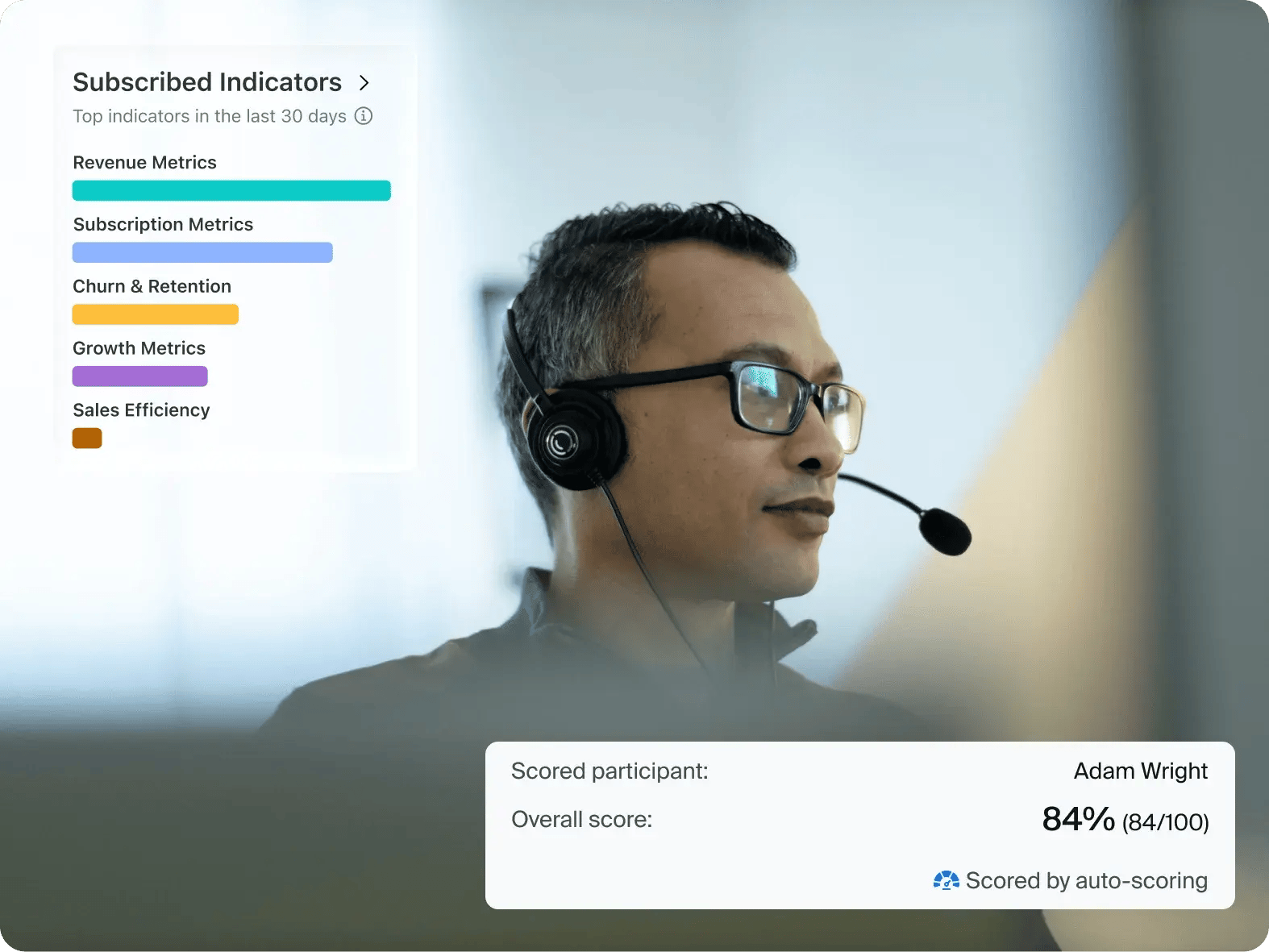 Säljare med headset och AI-poängsättning av samtalet i Zoom Revenue Accelerator Säljare med headset och AI-poängsättning av samtalet i Zoom Revenue Accelerator